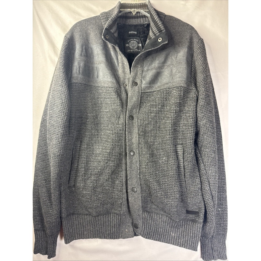 Buffalo David Bitton Sweater Jacket L Mixed Media Full Snap Waffle Knit Charcoal